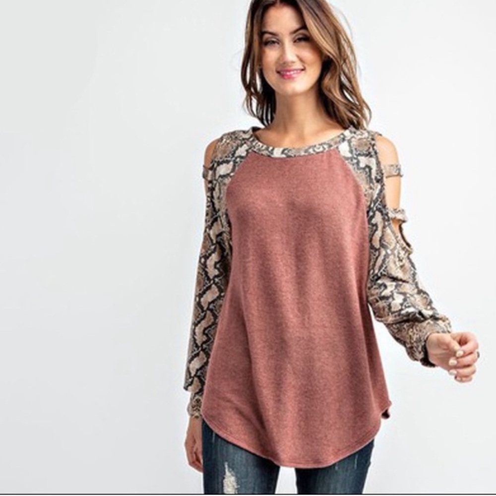 Banded Cold Shoulder Snakeskin Contrast Top